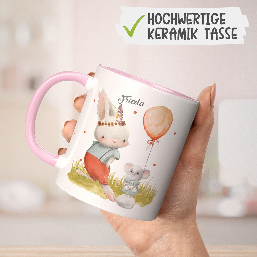 Keramik Tasse Süßer Hase und kleine Maus mit Wunschname - von Mikalino