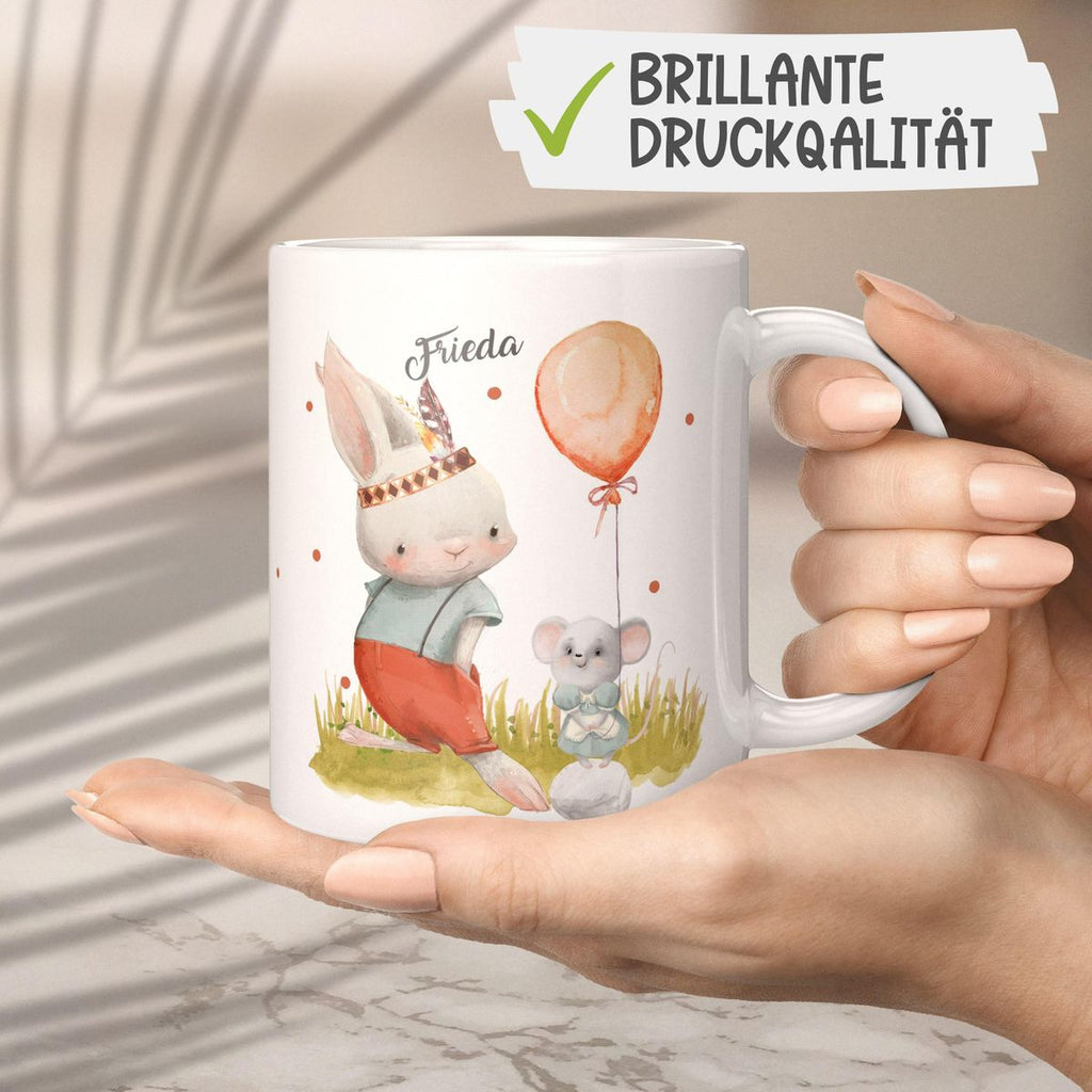 Keramik Tasse Süßer Hase und kleine Maus mit Wunschname - von Mikalino