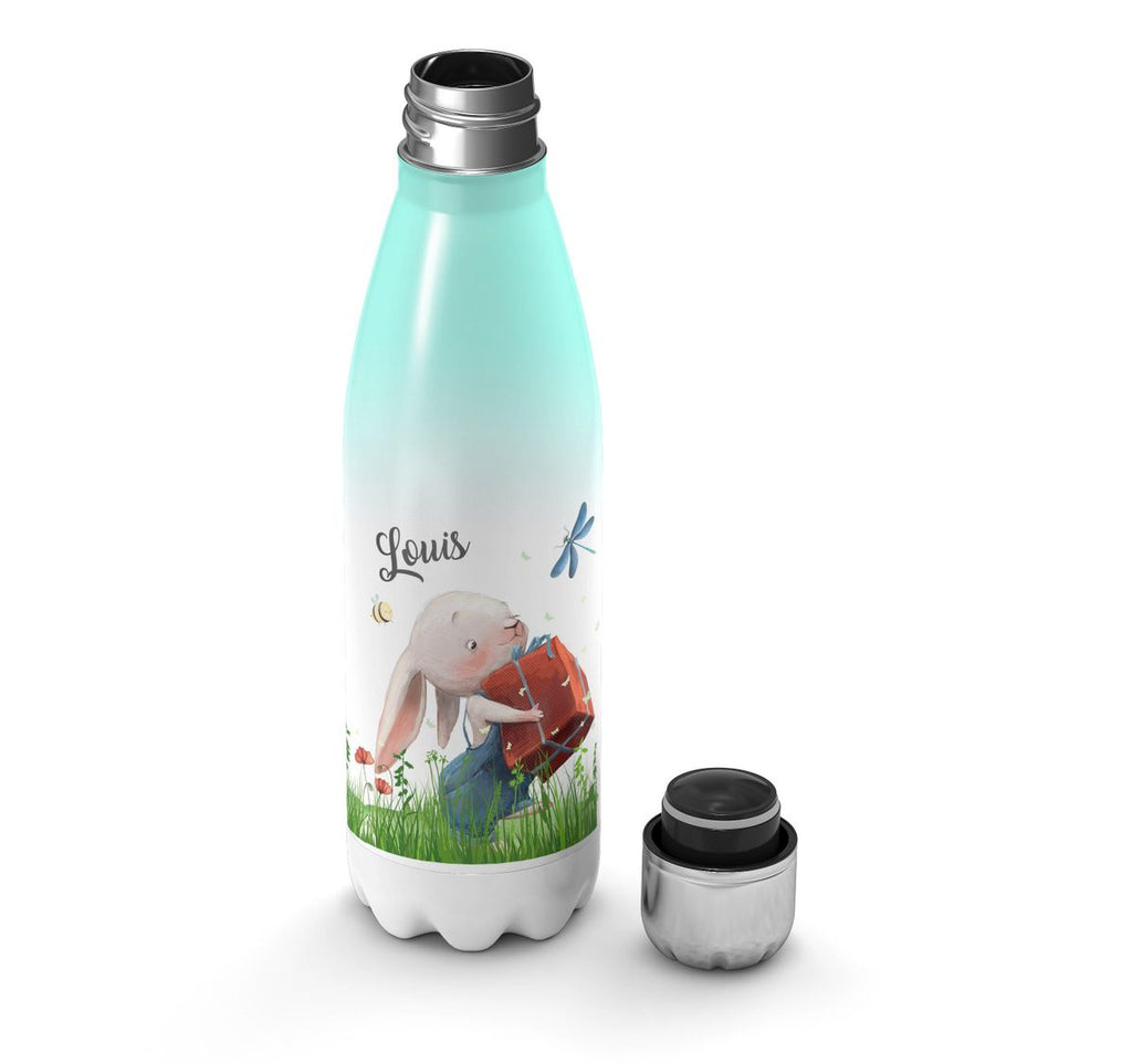 Thermo Trinkflasche Süßer Hase mit einem Geschenk und Wunschname - von Mikalino