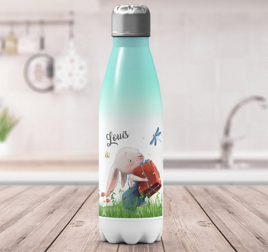 Thermo Trinkflasche Süßer Hase mit einem Geschenk und Wunschname - von Mikalino