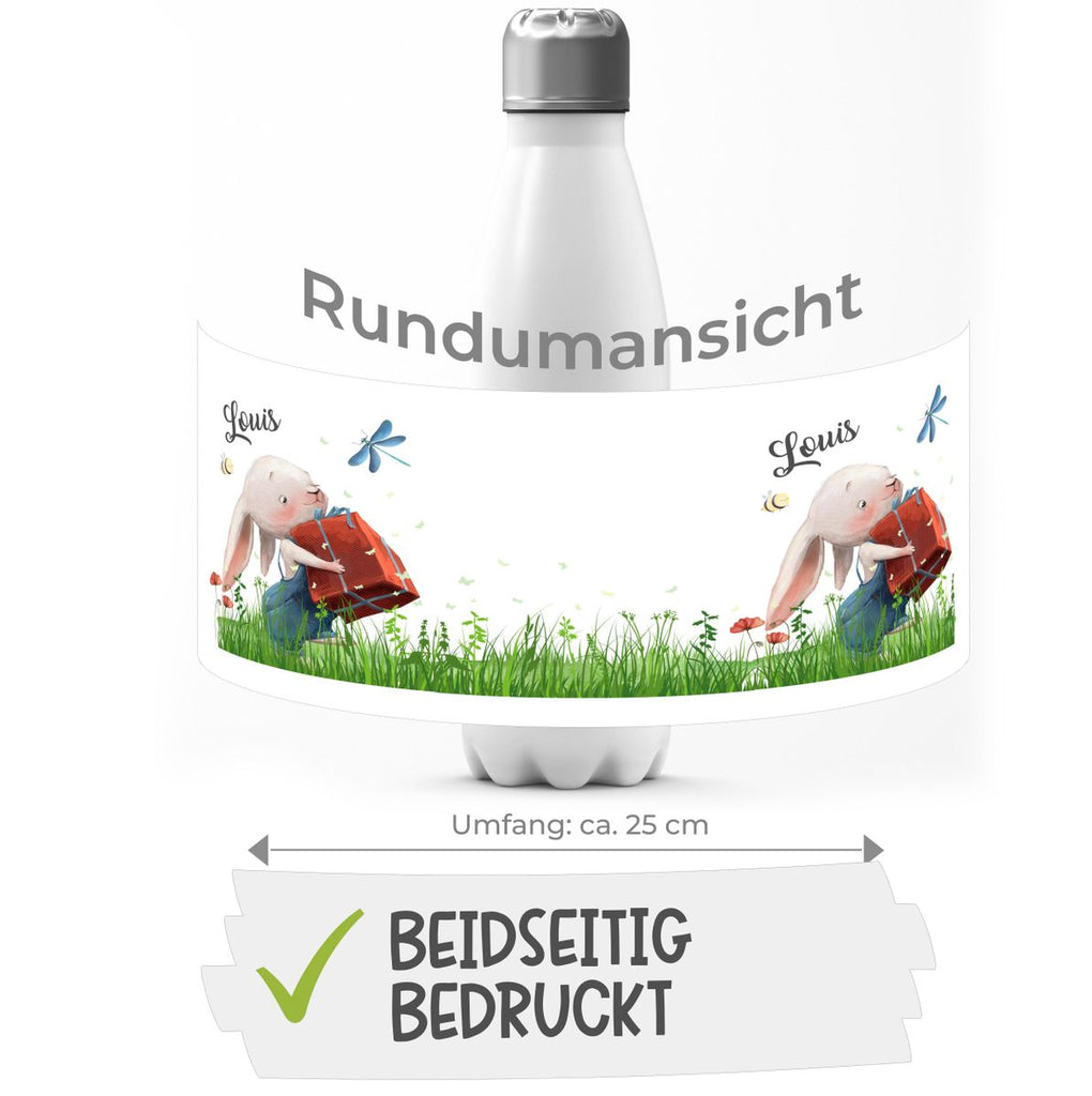 Thermo Trinkflasche Süßer Hase mit einem Geschenk und Wunschname - von Mikalino