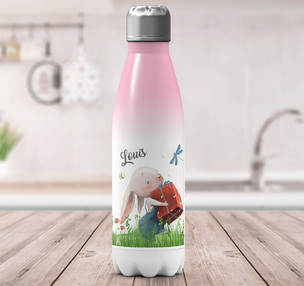 Thermo Trinkflasche Süßer Hase mit einem Geschenk und Wunschname - von Mikalino