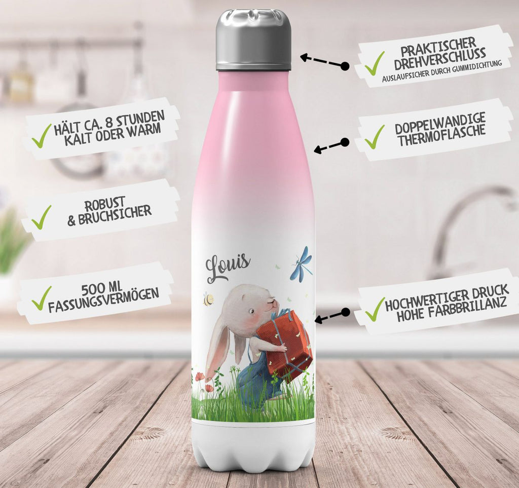 Thermo Trinkflasche Süßer Hase mit einem Geschenk und Wunschname - von Mikalino