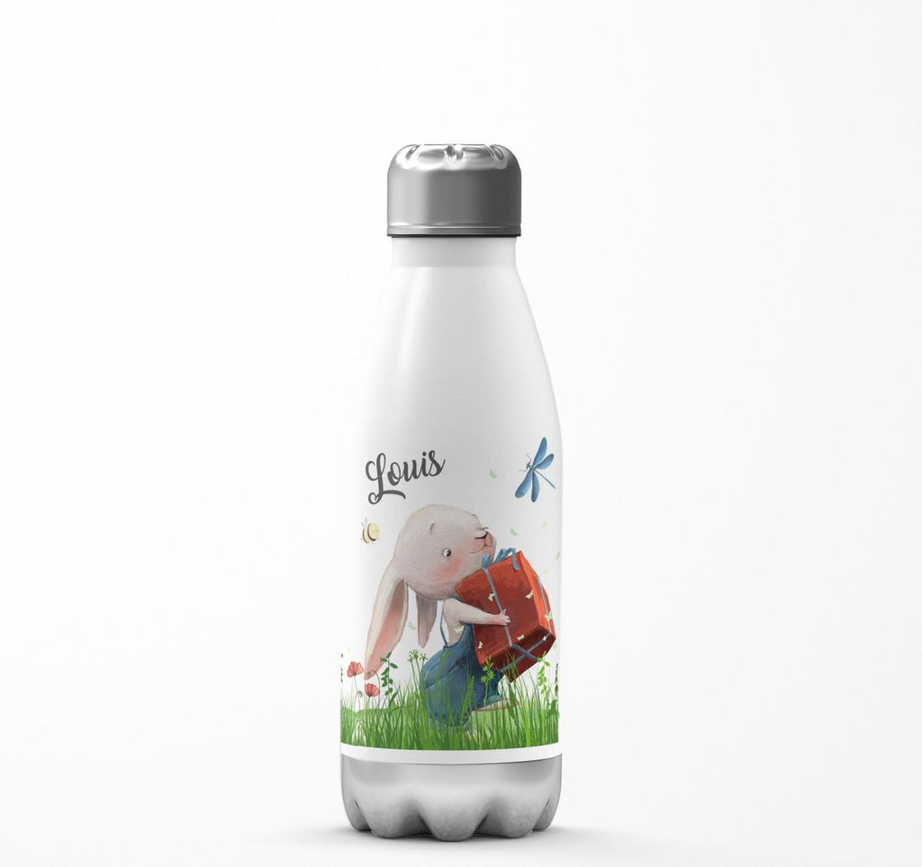 Thermo Trinkflasche Süßer Hase mit einem Geschenk und Wunschname - von Mikalino