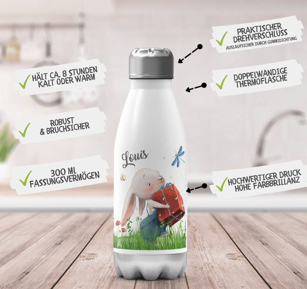 Thermo Trinkflasche Süßer Hase mit einem Geschenk und Wunschname - von Mikalino