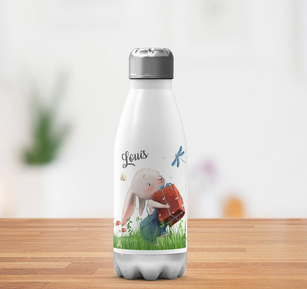 Thermo Trinkflasche Süßer Hase mit einem Geschenk und Wunschname - von Mikalino