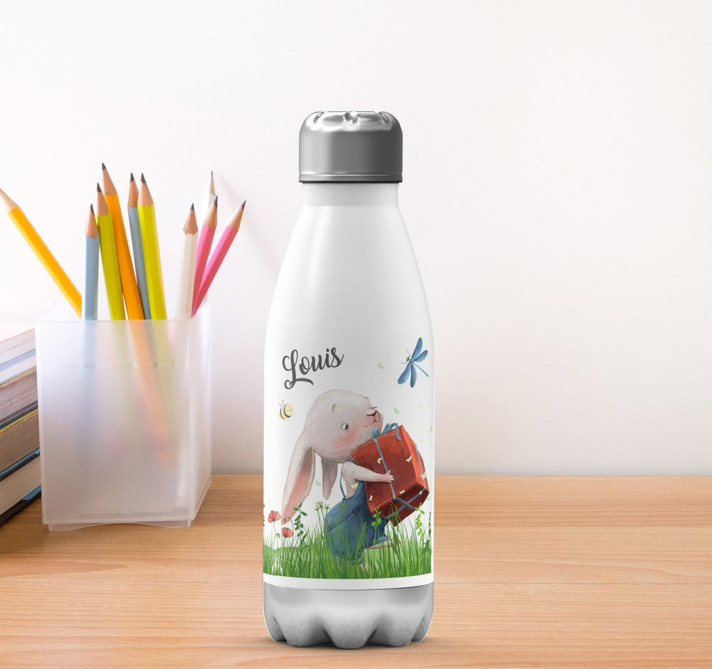 Thermo Trinkflasche Süßer Hase mit einem Geschenk und Wunschname - von Mikalino