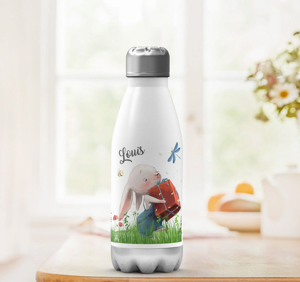 Thermo Trinkflasche Süßer Hase mit einem Geschenk und Wunschname - von Mikalino