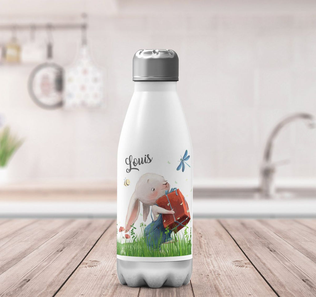 Thermo Trinkflasche Süßer Hase mit einem Geschenk und Wunschname - von Mikalino