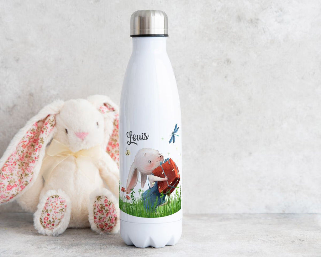 Thermo Trinkflasche Süßer Hase mit einem Geschenk und Wunschname - von Mikalino