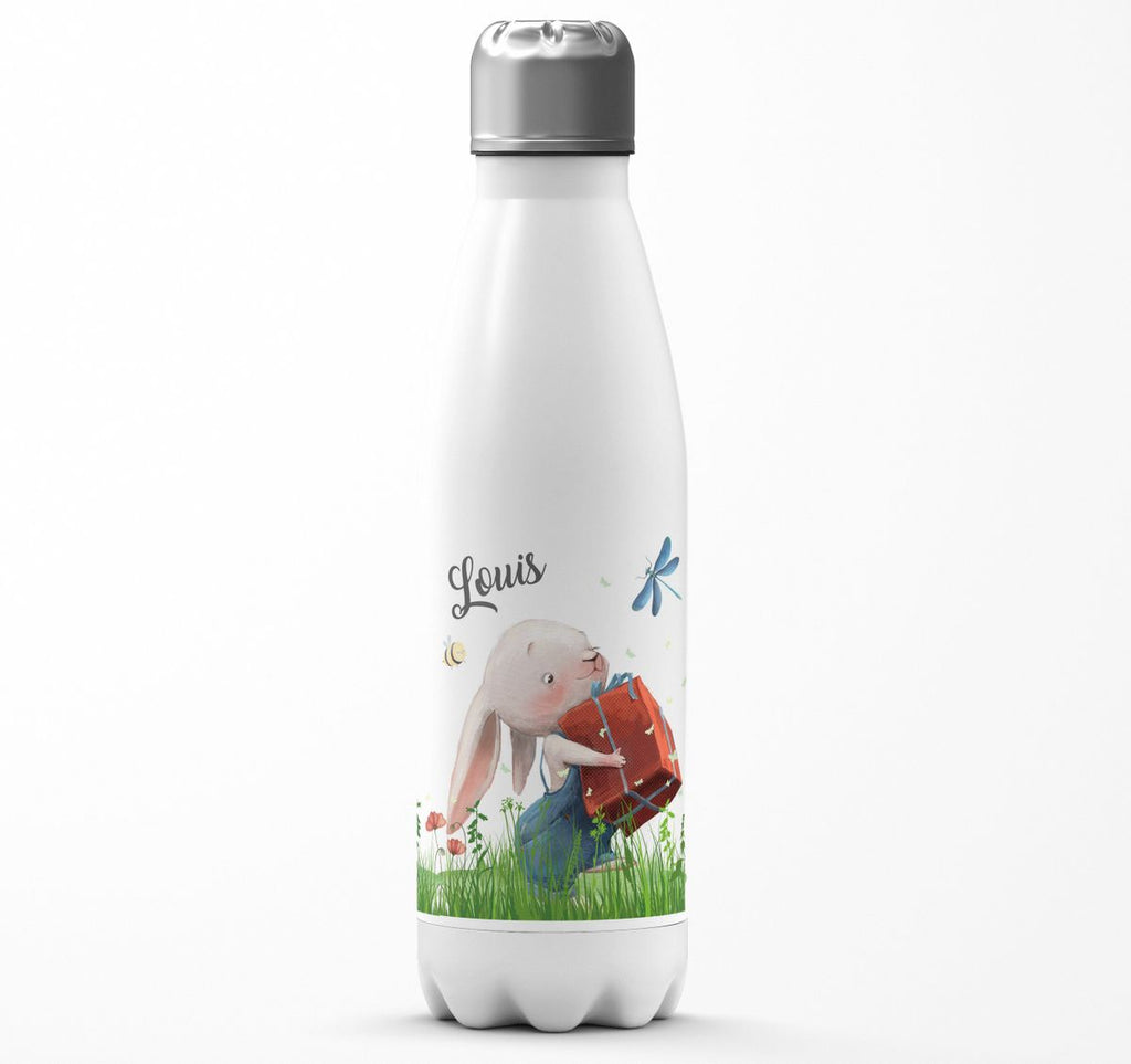 Thermo Trinkflasche Süßer Hase mit einem Geschenk und Wunschname - von Mikalino