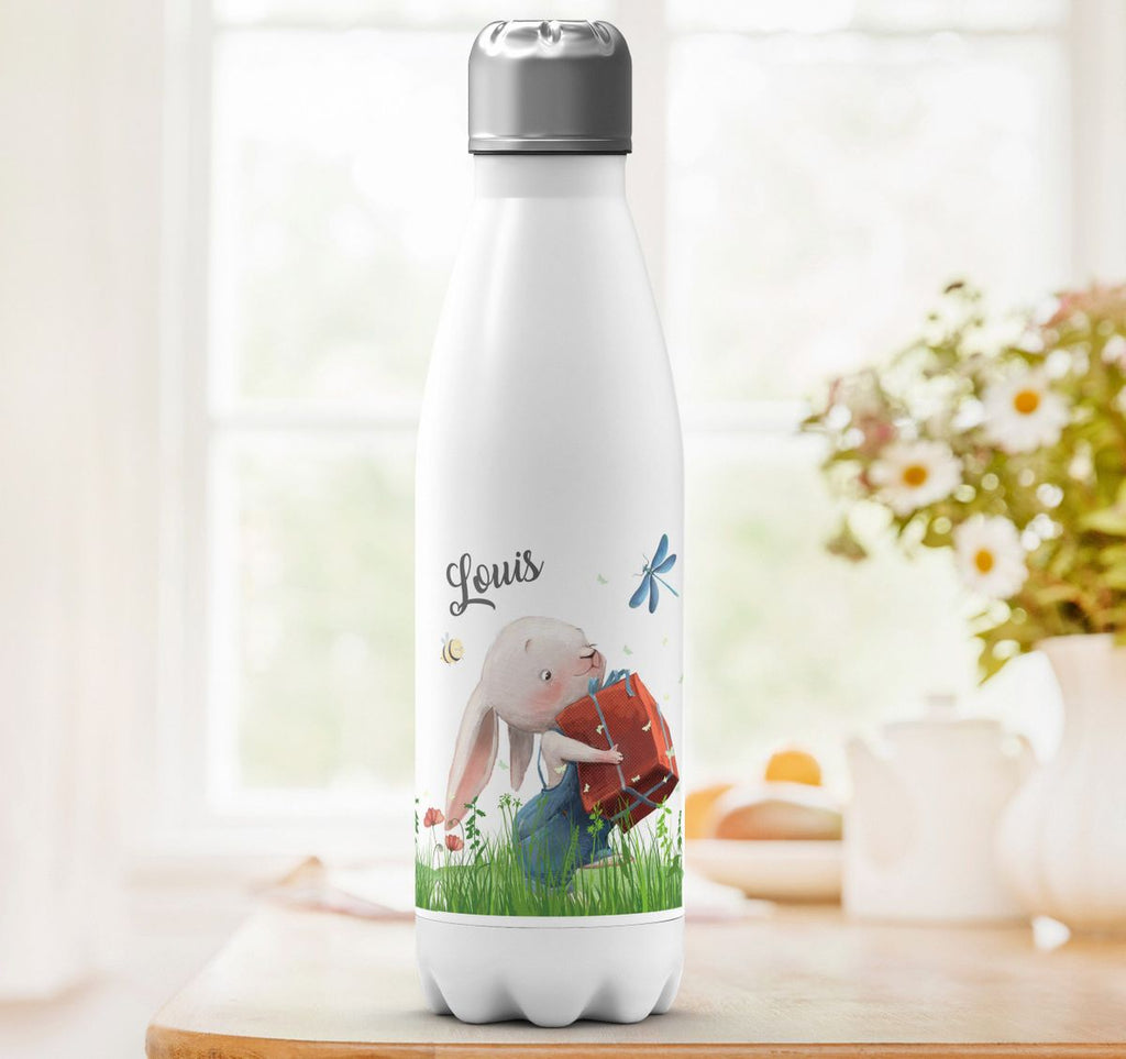 Thermo Trinkflasche Süßer Hase mit einem Geschenk und Wunschname - von Mikalino