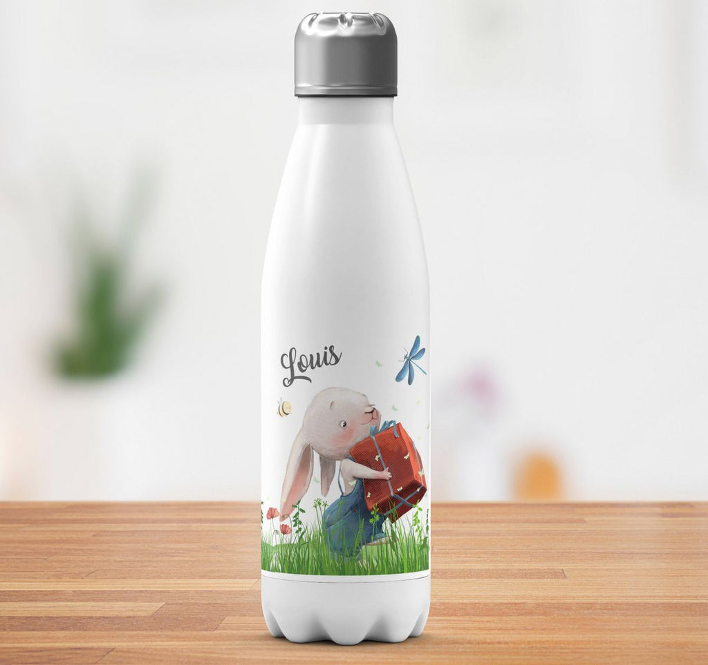 Thermo Trinkflasche Süßer Hase mit einem Geschenk und Wunschname - von Mikalino