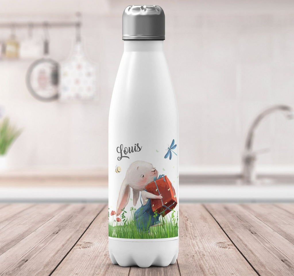 Thermo Trinkflasche Süßer Hase mit einem Geschenk und Wunschname - von Mikalino