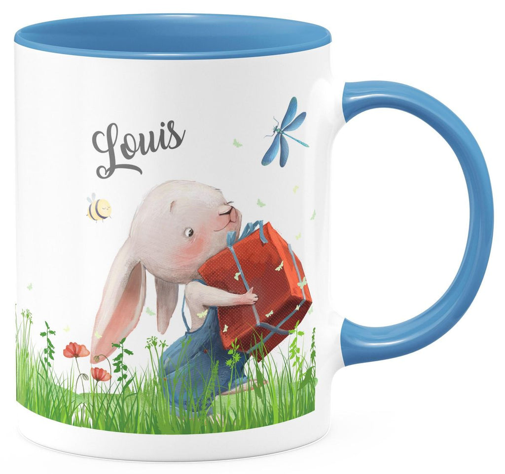 Keramik Tasse Süßer Hase mit einem Geschenk und Wunschname - von Mikalino