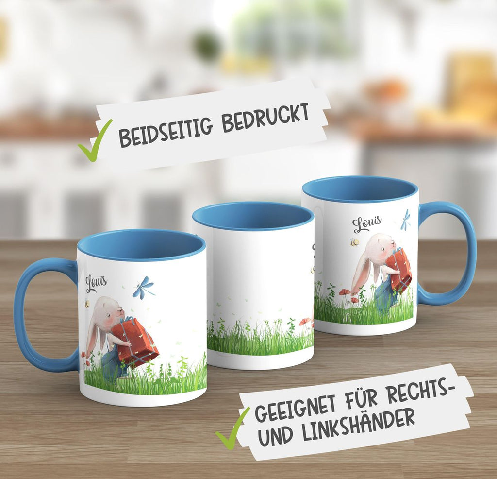 Keramik Tasse Süßer Hase mit einem Geschenk und Wunschname - von Mikalino