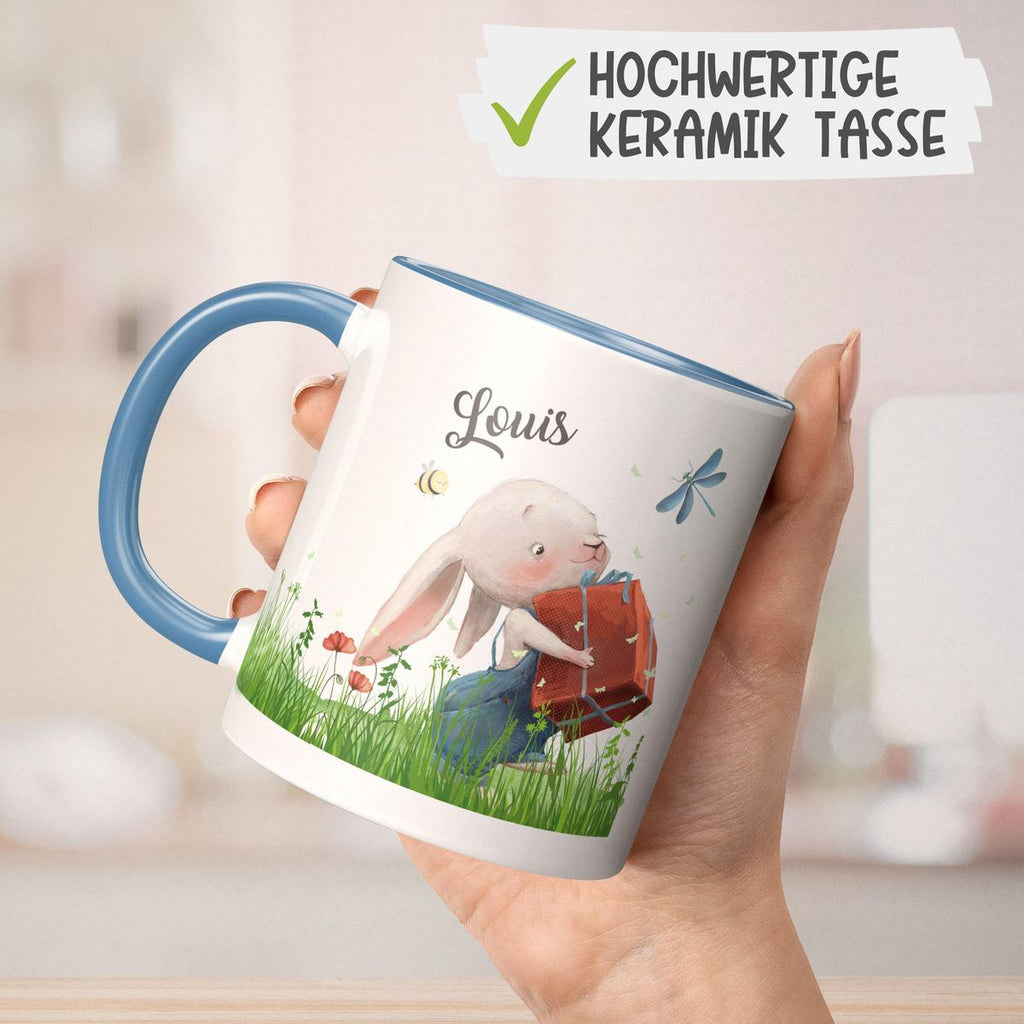 Keramik Tasse Süßer Hase mit einem Geschenk und Wunschname - von Mikalino