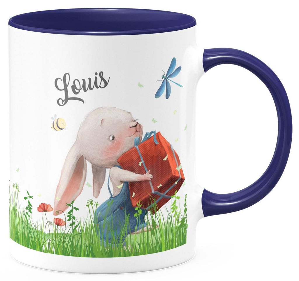 Keramik Tasse Süßer Hase mit einem Geschenk und Wunschname - von Mikalino