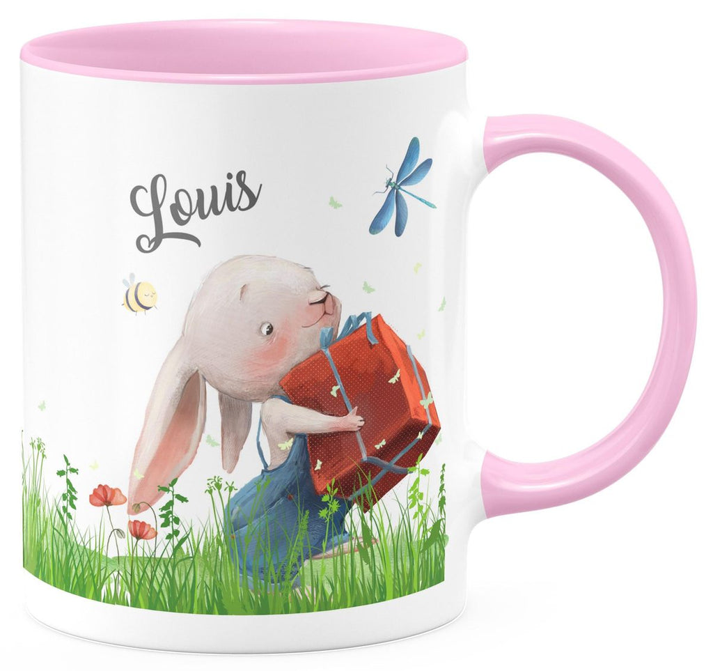 Keramik Tasse Süßer Hase mit einem Geschenk und Wunschname - von Mikalino