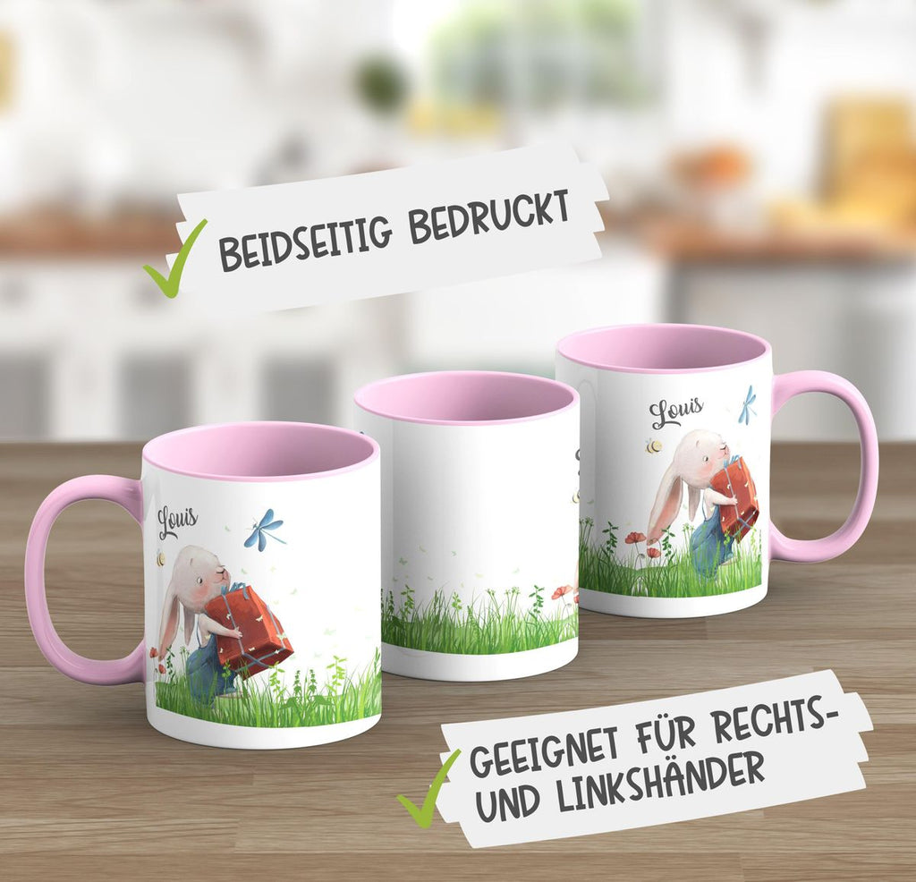 Keramik Tasse Süßer Hase mit einem Geschenk und Wunschname - von Mikalino