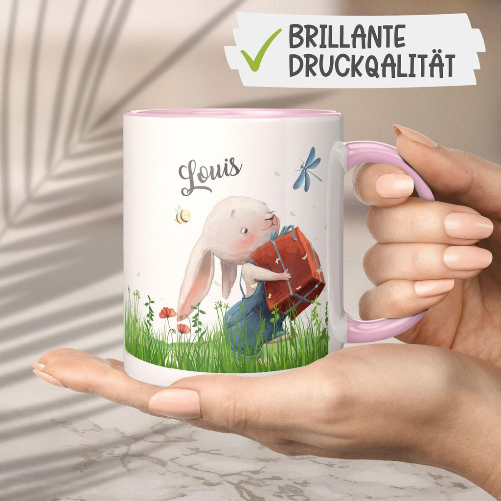 Keramik Tasse Süßer Hase mit einem Geschenk und Wunschname - von Mikalino