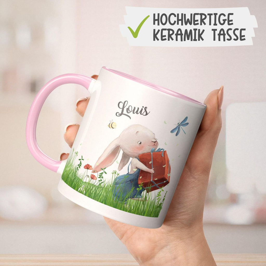 Keramik Tasse Süßer Hase mit einem Geschenk und Wunschname - von Mikalino