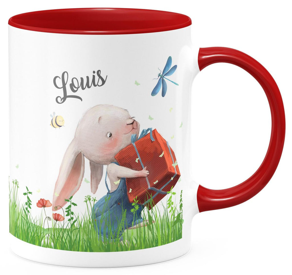 Keramik Tasse Süßer Hase mit einem Geschenk und Wunschname - von Mikalino