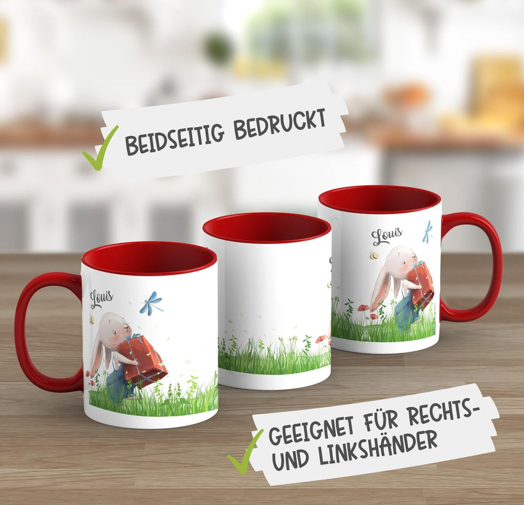 Keramik Tasse Süßer Hase mit einem Geschenk und Wunschname - von Mikalino