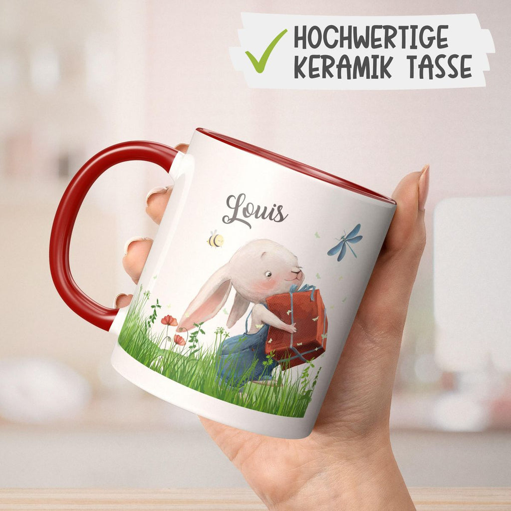 Keramik Tasse Süßer Hase mit einem Geschenk und Wunschname - von Mikalino