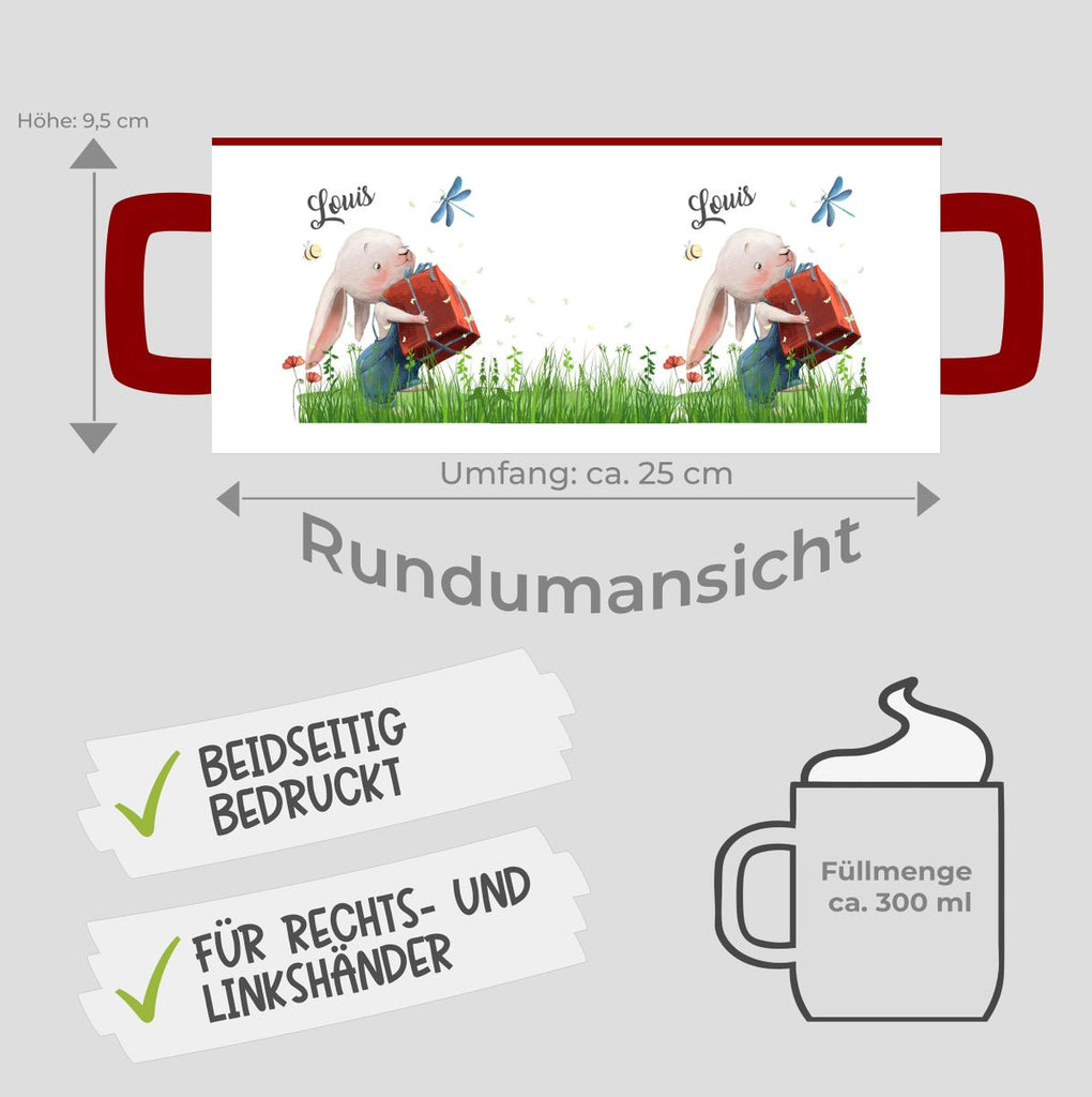 Keramik Tasse Süßer Hase mit einem Geschenk und Wunschname - von Mikalino