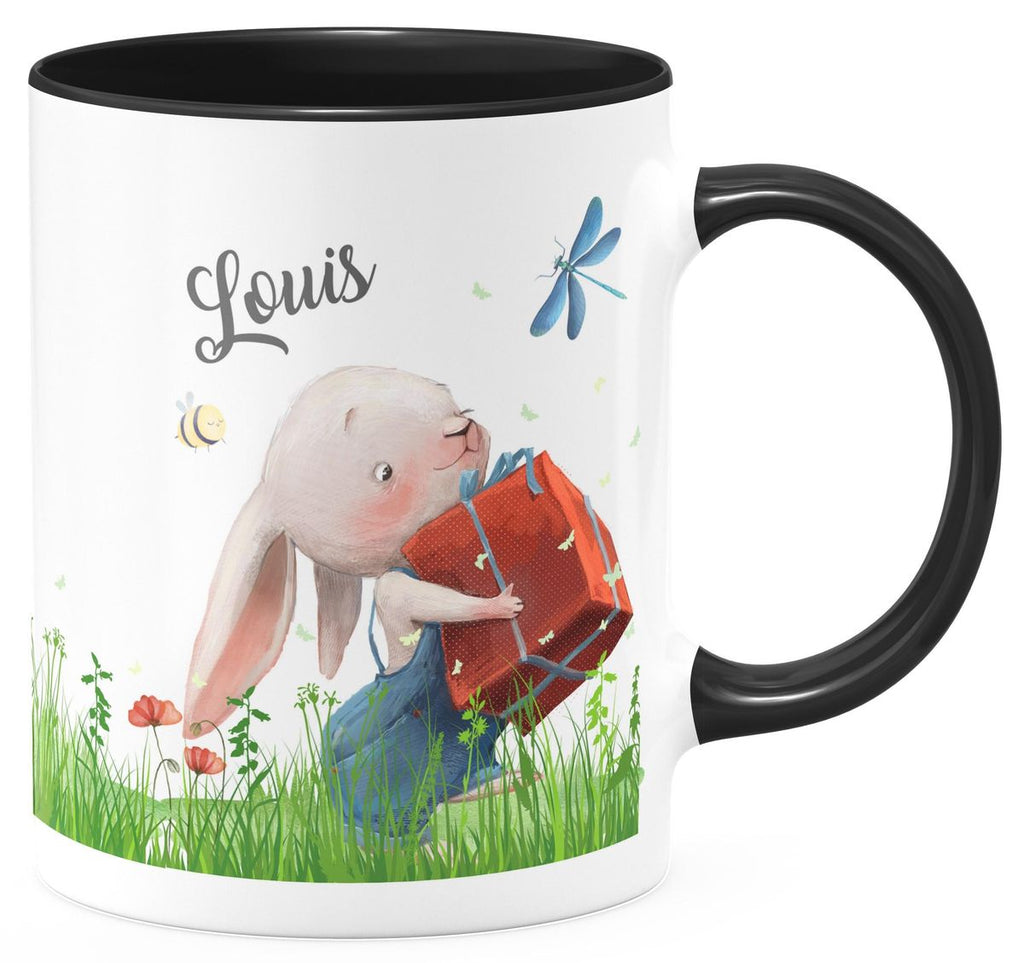 Keramik Tasse Süßer Hase mit einem Geschenk und Wunschname - von Mikalino