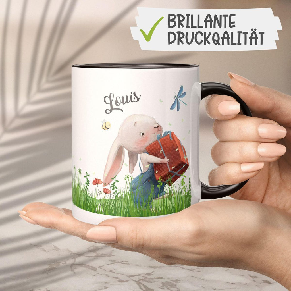 Keramik Tasse Süßer Hase mit einem Geschenk und Wunschname - von Mikalino