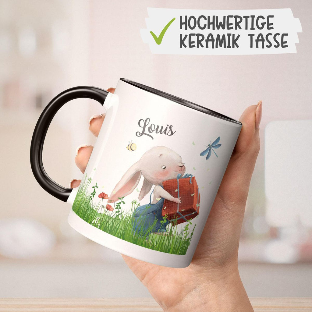 Keramik Tasse Süßer Hase mit einem Geschenk und Wunschname - von Mikalino