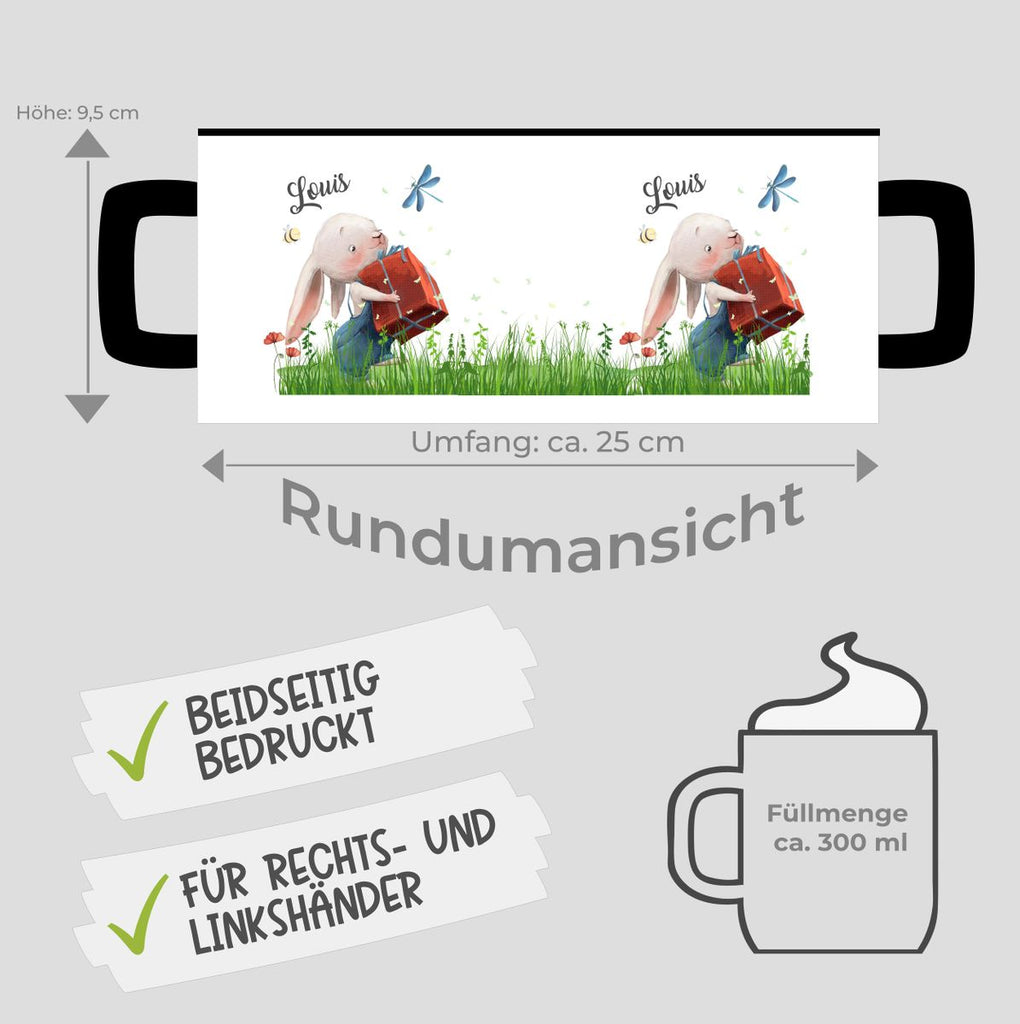 Keramik Tasse Süßer Hase mit einem Geschenk und Wunschname - von Mikalino