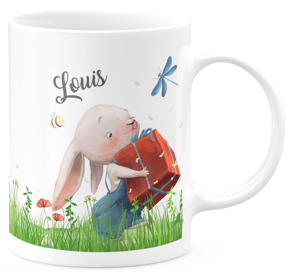 Keramik Tasse Süßer Hase mit einem Geschenk und Wunschname - von Mikalino