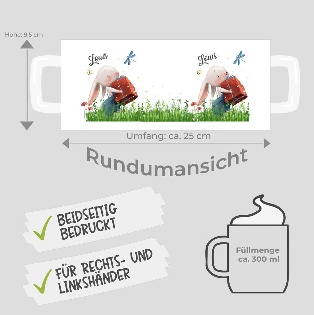 Keramik Tasse Süßer Hase mit einem Geschenk und Wunschname - von Mikalino