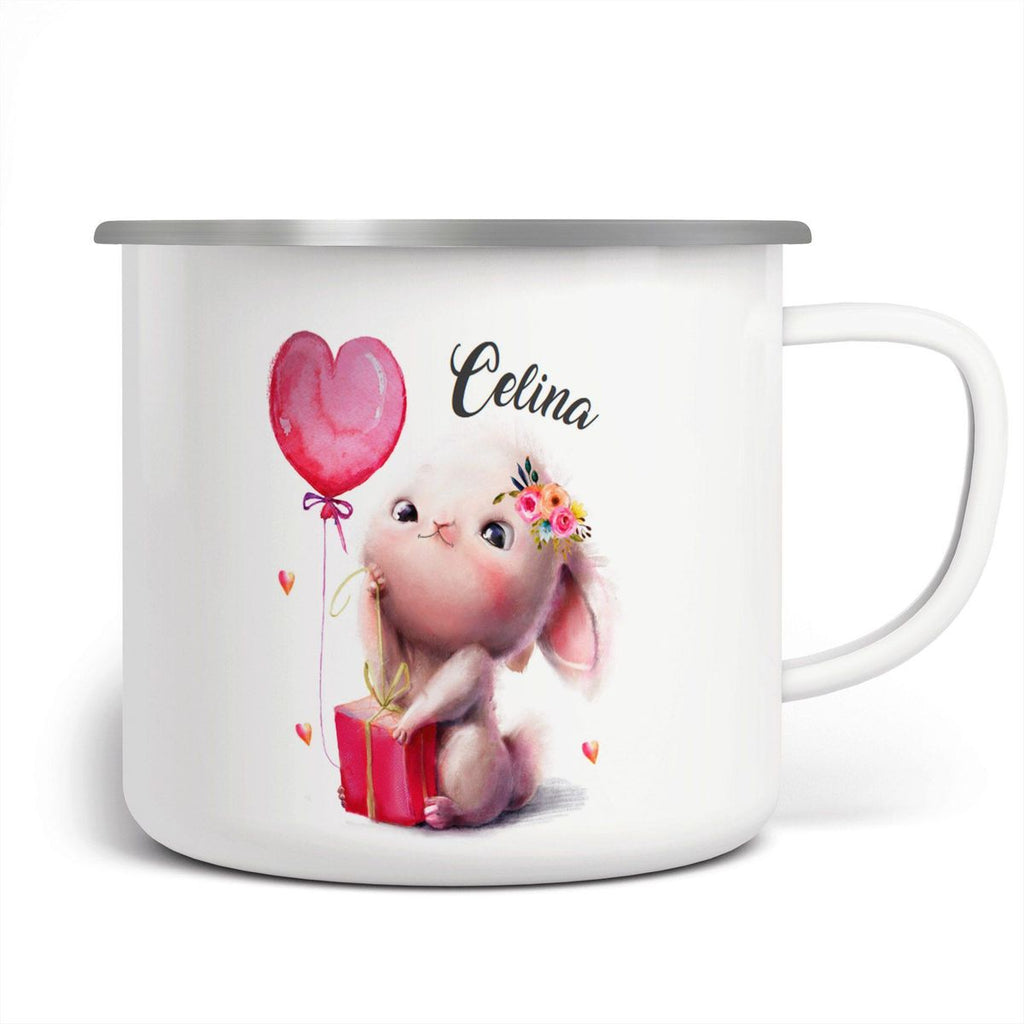 Emaille Tasse Süßer kleiner Hase mit Geschenk und Luftballon mit Wunschname - von Mikalino