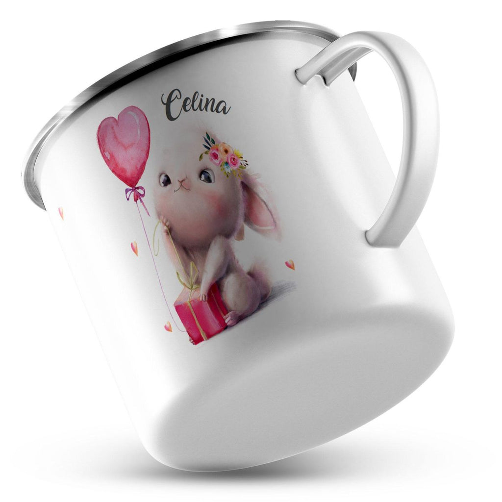 Emaille Tasse Süßer kleiner Hase mit Geschenk und Luftballon mit Wunschname - von Mikalino