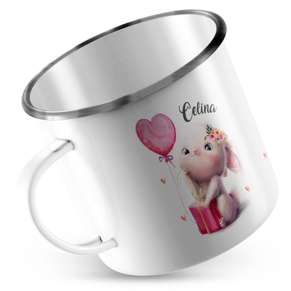 Emaille Tasse Süßer kleiner Hase mit Geschenk und Luftballon mit Wunschname - von Mikalino