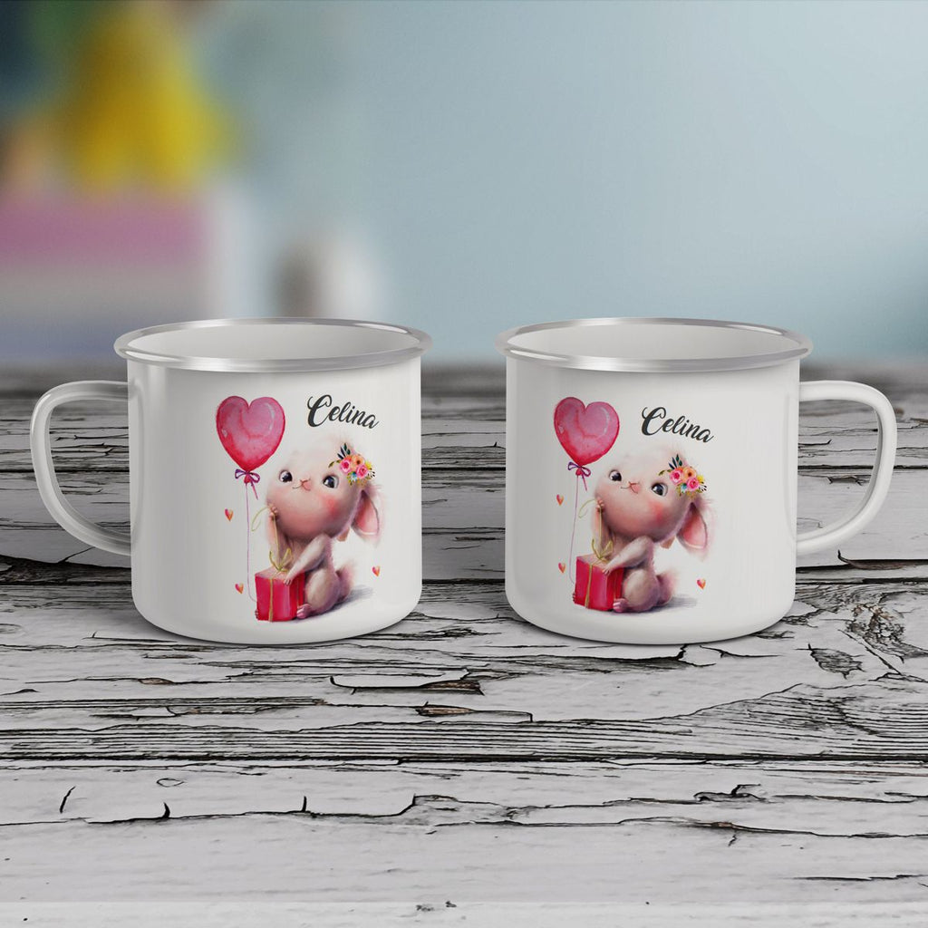 Emaille Tasse Süßer kleiner Hase mit Geschenk und Luftballon mit Wunschname - von Mikalino