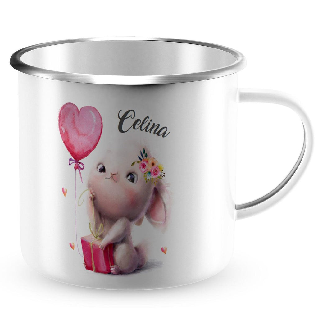 Emaille Tasse Süßer kleiner Hase mit Geschenk und Luftballon mit Wunschname - von Mikalino