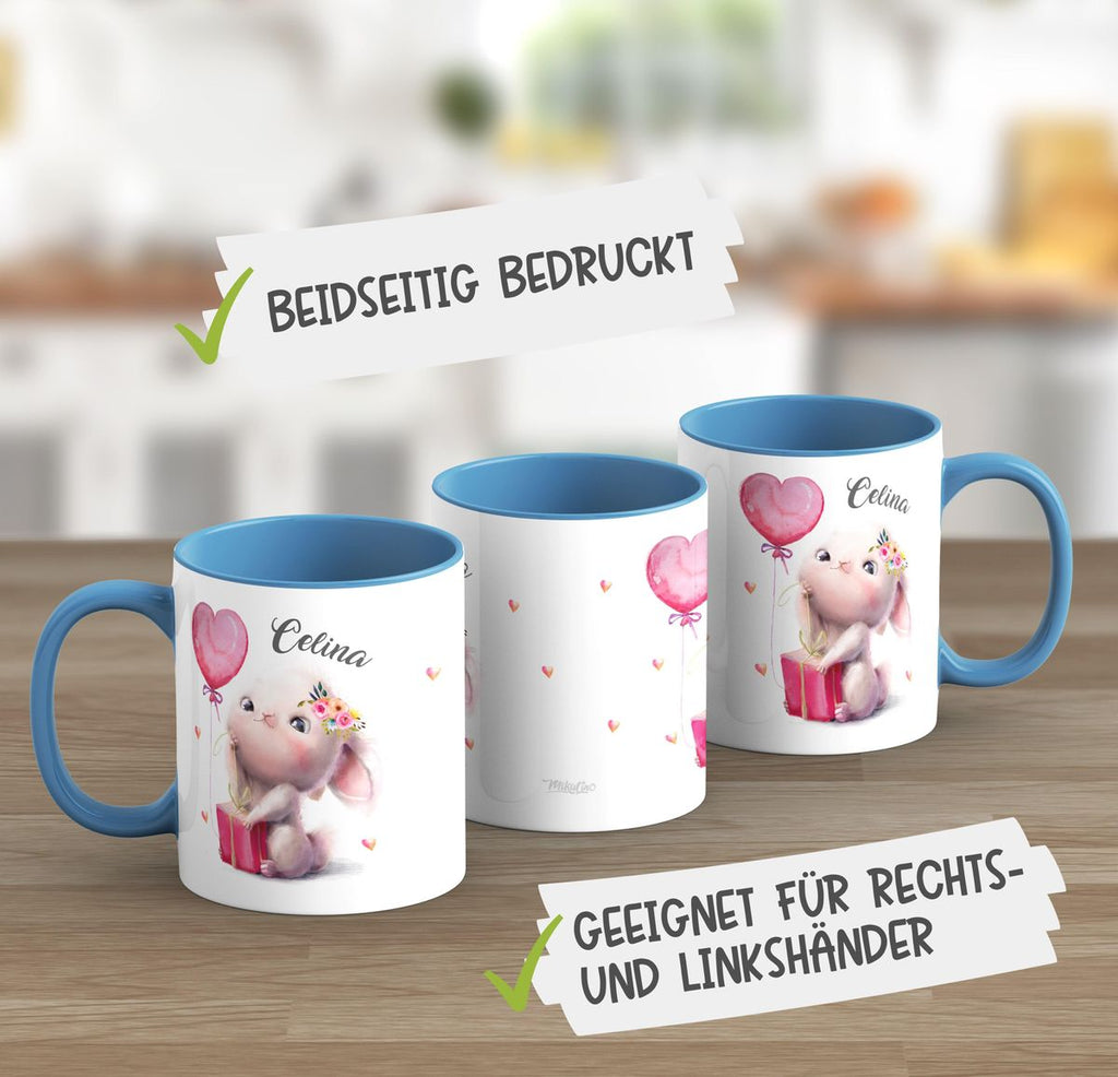 Keramik Tasse Süßer kleiner Hase mit Geschenk und Luftballon mit Wunschname - von Mikalino