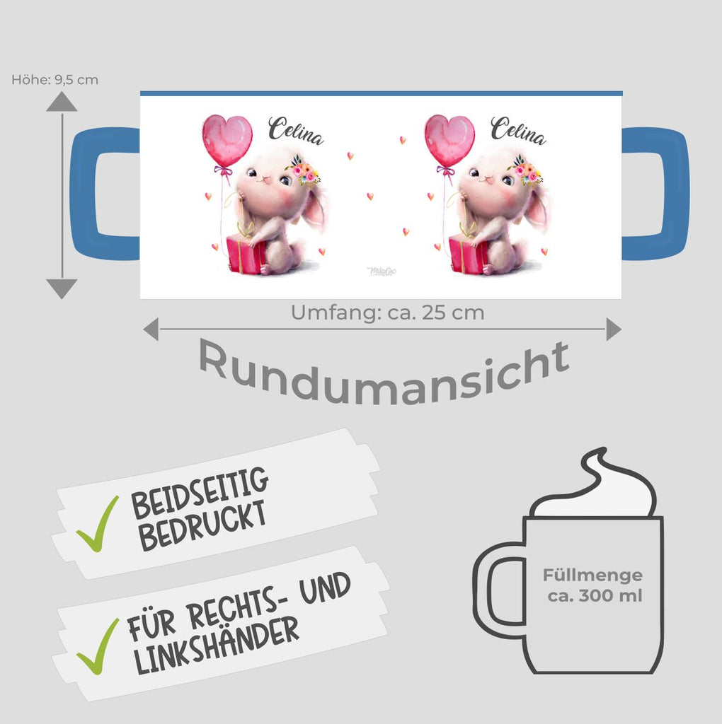 Keramik Tasse Süßer kleiner Hase mit Geschenk und Luftballon mit Wunschname - von Mikalino