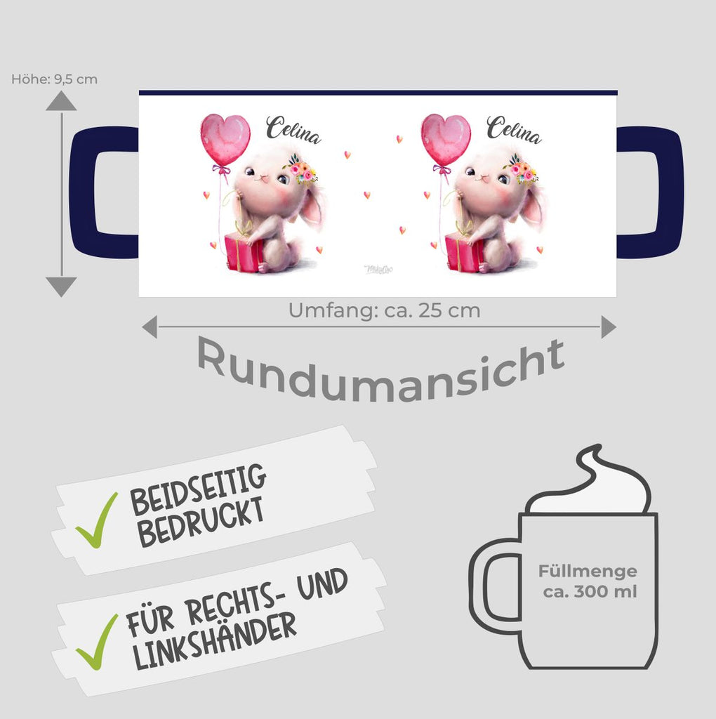 Keramik Tasse Süßer kleiner Hase mit Geschenk und Luftballon mit Wunschname - von Mikalino