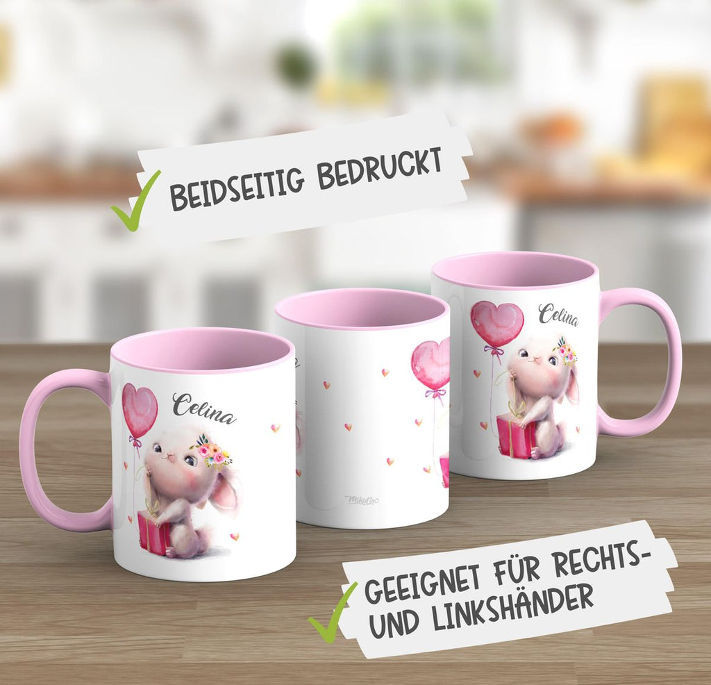 Keramik Tasse Süßer kleiner Hase mit Geschenk und Luftballon mit Wunschname - von Mikalino