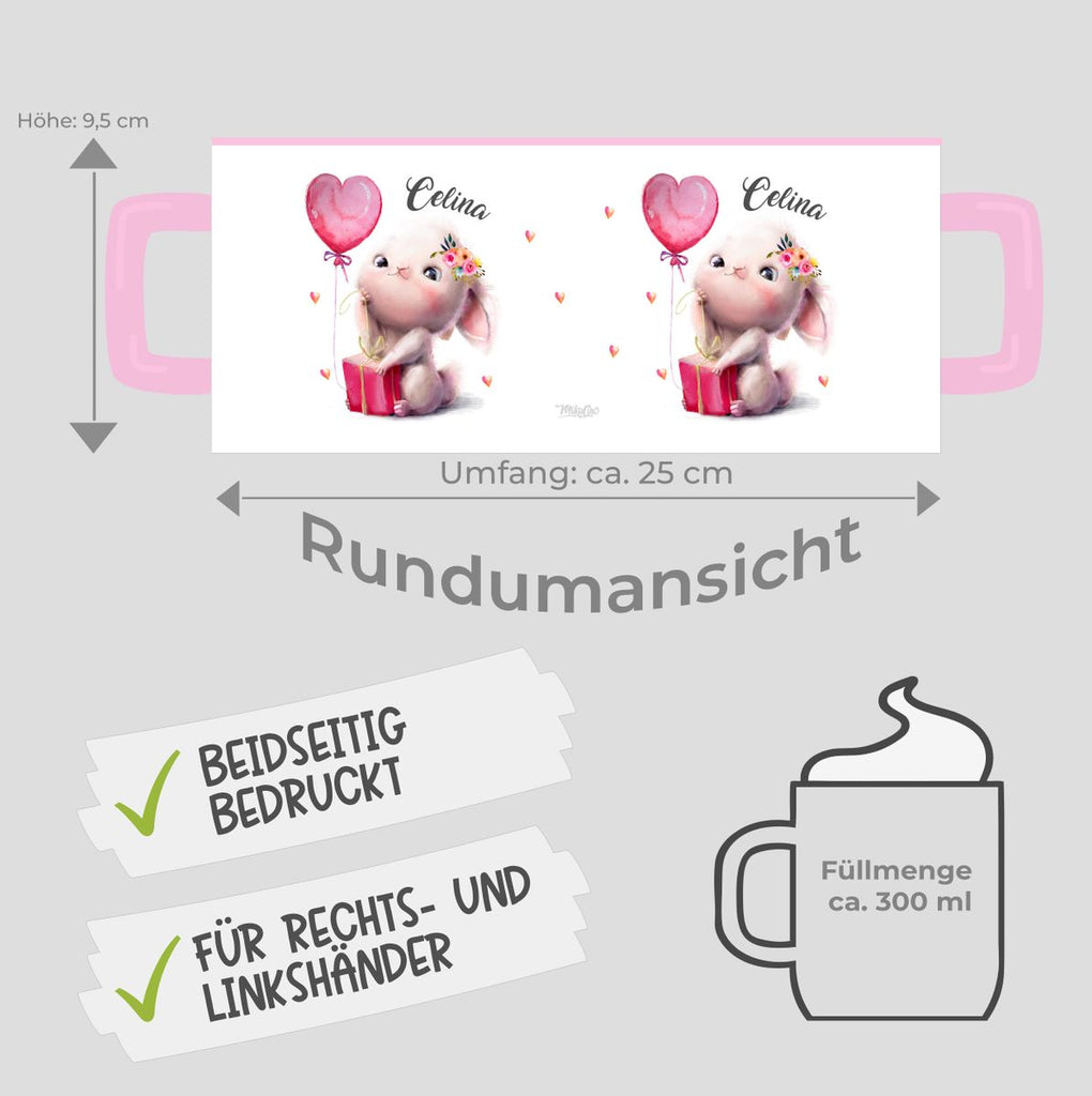 Keramik Tasse Süßer kleiner Hase mit Geschenk und Luftballon mit Wunschname - von Mikalino