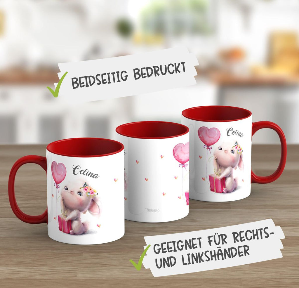 Keramik Tasse Süßer kleiner Hase mit Geschenk und Luftballon mit Wunschname - von Mikalino