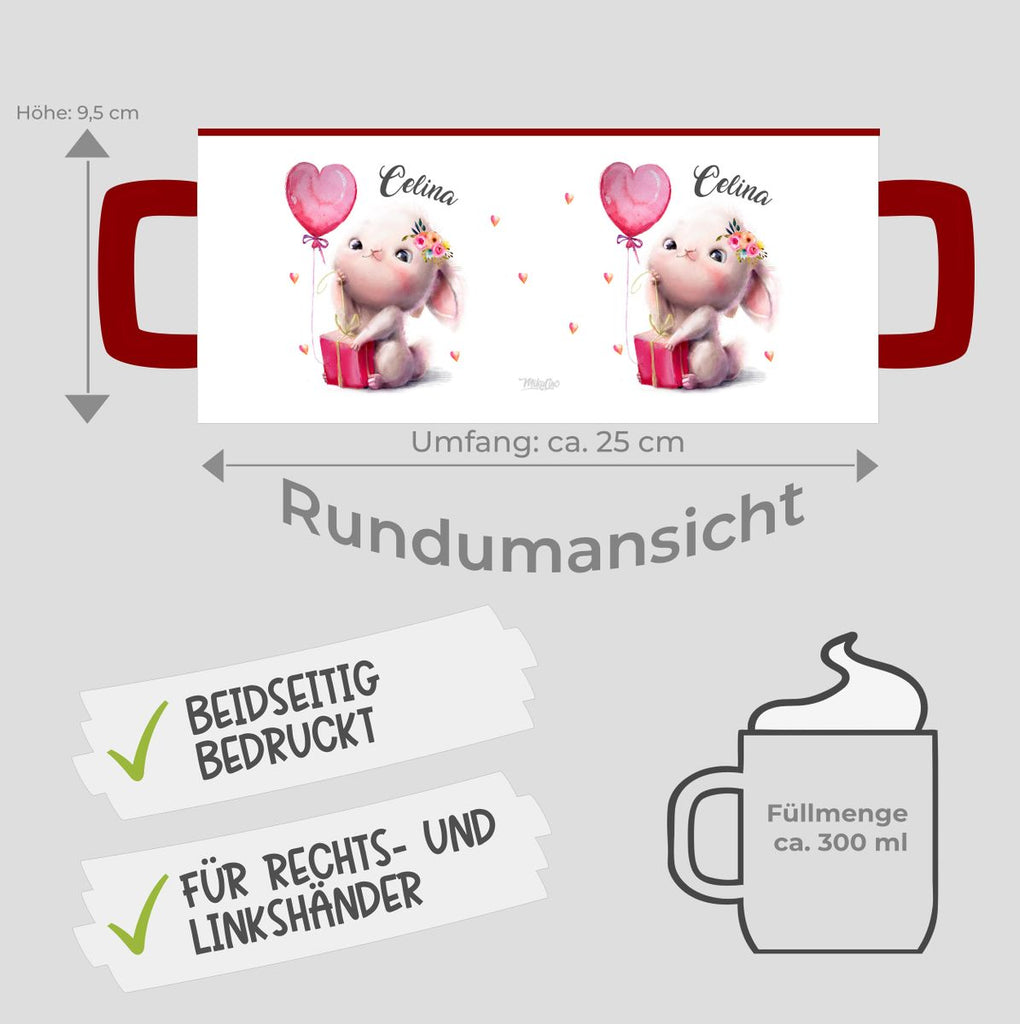 Keramik Tasse Süßer kleiner Hase mit Geschenk und Luftballon mit Wunschname - von Mikalino