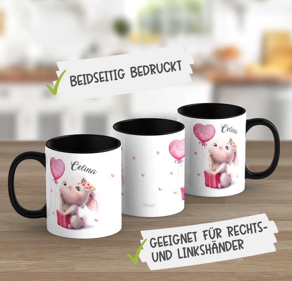 Keramik Tasse Süßer kleiner Hase mit Geschenk und Luftballon mit Wunschname - von Mikalino