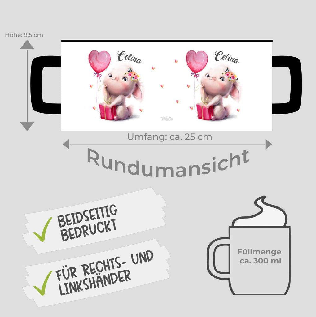 Keramik Tasse Süßer kleiner Hase mit Geschenk und Luftballon mit Wunschname - von Mikalino